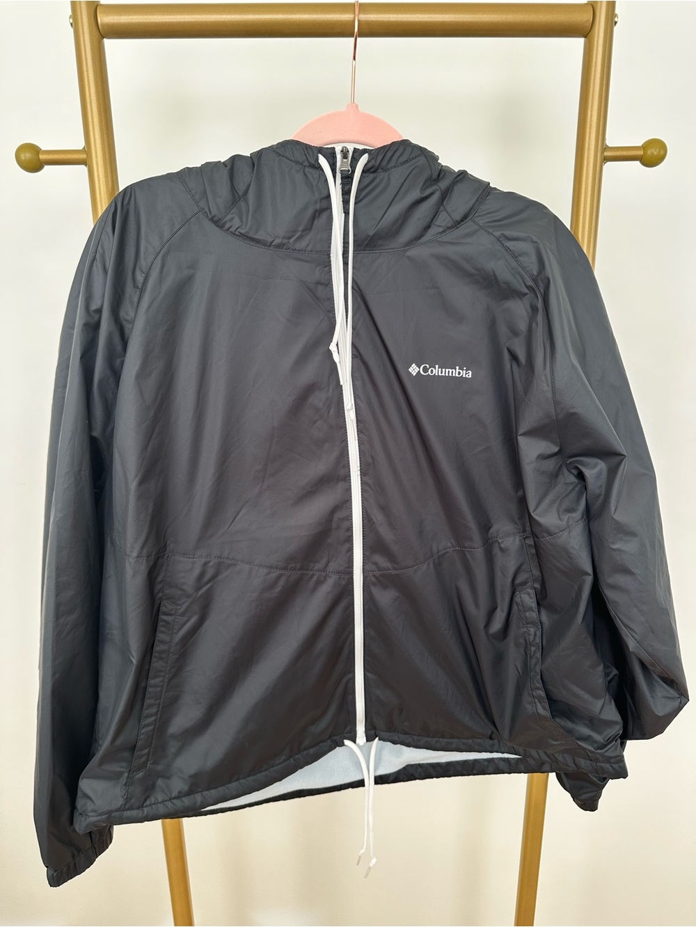 Columbia Women’s Black Hooded Windbreaker with White Trim